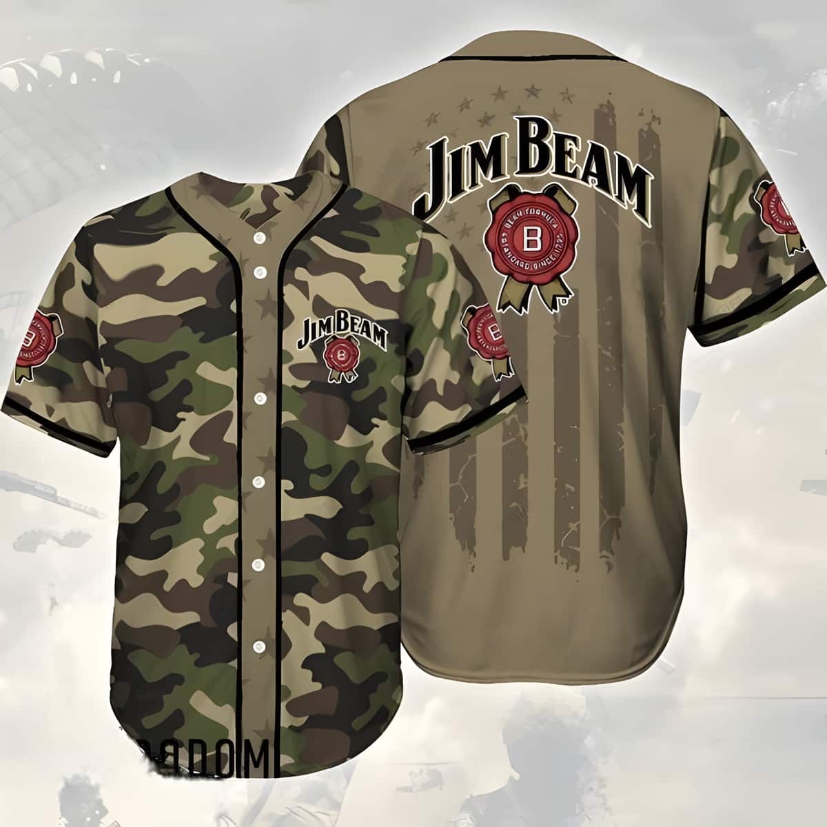 Camouflage Green Brown Jim Beam Baseball Jersey Gift For Whiskey Lovers Camouflage Green Brown Jim Beam Baseball Jersey Gift For Whiskey Lovers