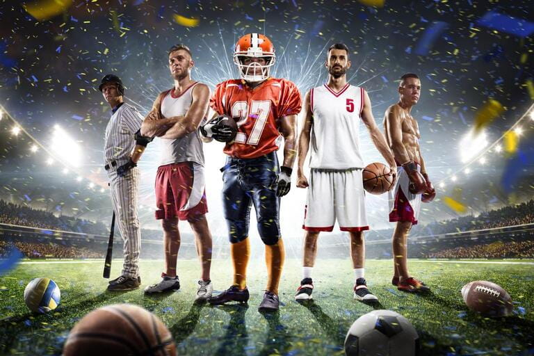 multi sports proud players collage on grass field