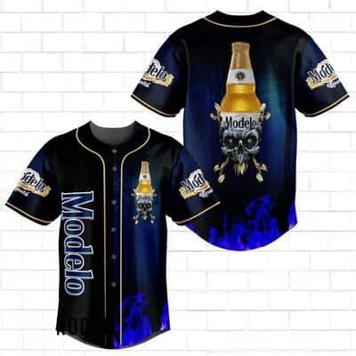 Modelo Beer Skull Baseball Jersey Fire Pattern Gift For Sporty Boyfriend Modelo Beer Skull Baseball Jersey Fire Pattern Gift For Sporty Boyfriend