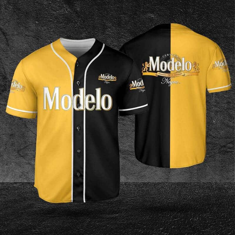 Yellow And Black Split Modelo Baseball Jersey Gift For Beer Lovers Yellow And Black Split Modelo Baseball Jersey Gift For Beer Lovers