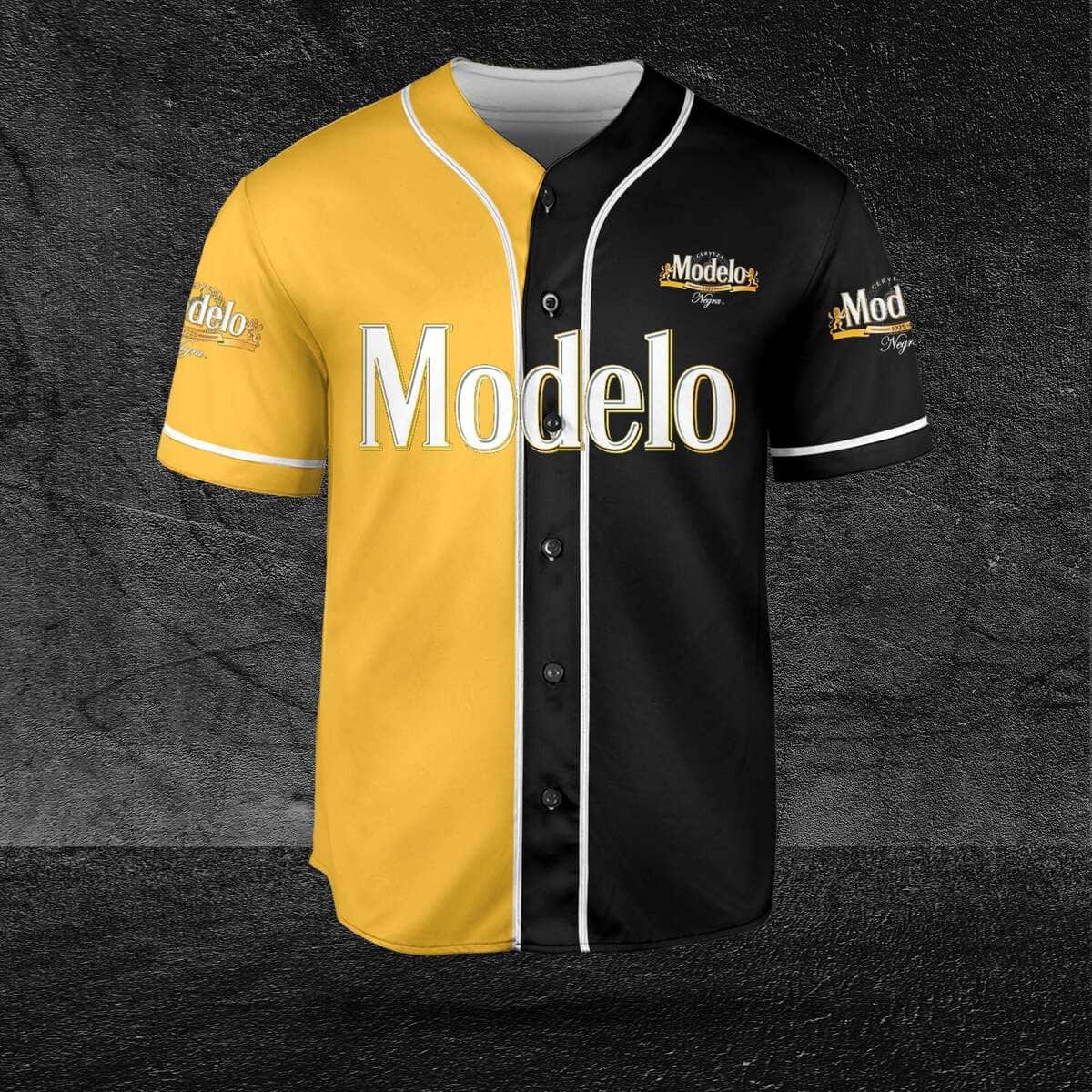 Yellow And Black Split Modelo Baseball Jersey Gift For Beer Lovers Yellow And Black Split Modelo Baseball Jersey Gift For Beer Lovers