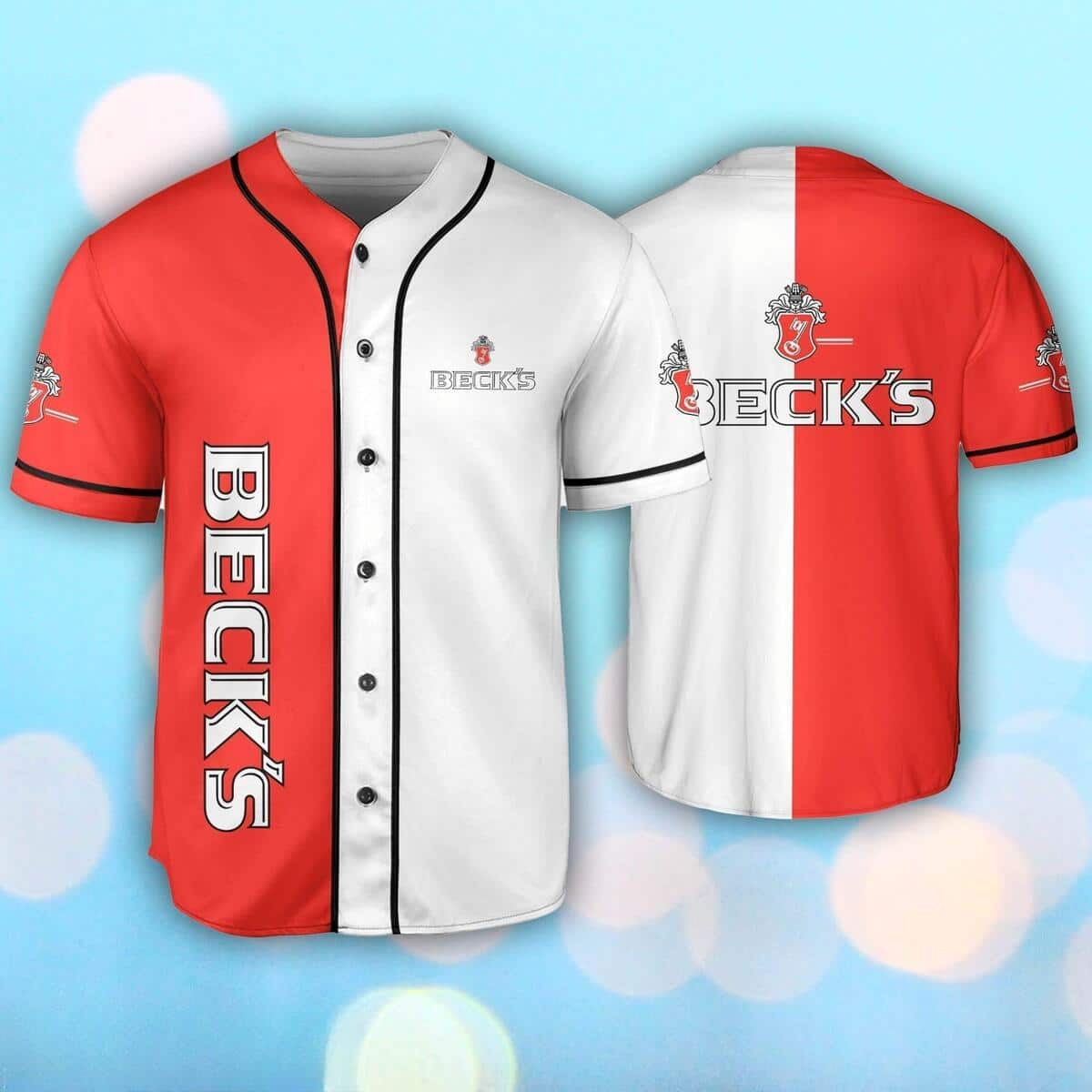 Red And White Split Beck’s Beer Baseball Jersey