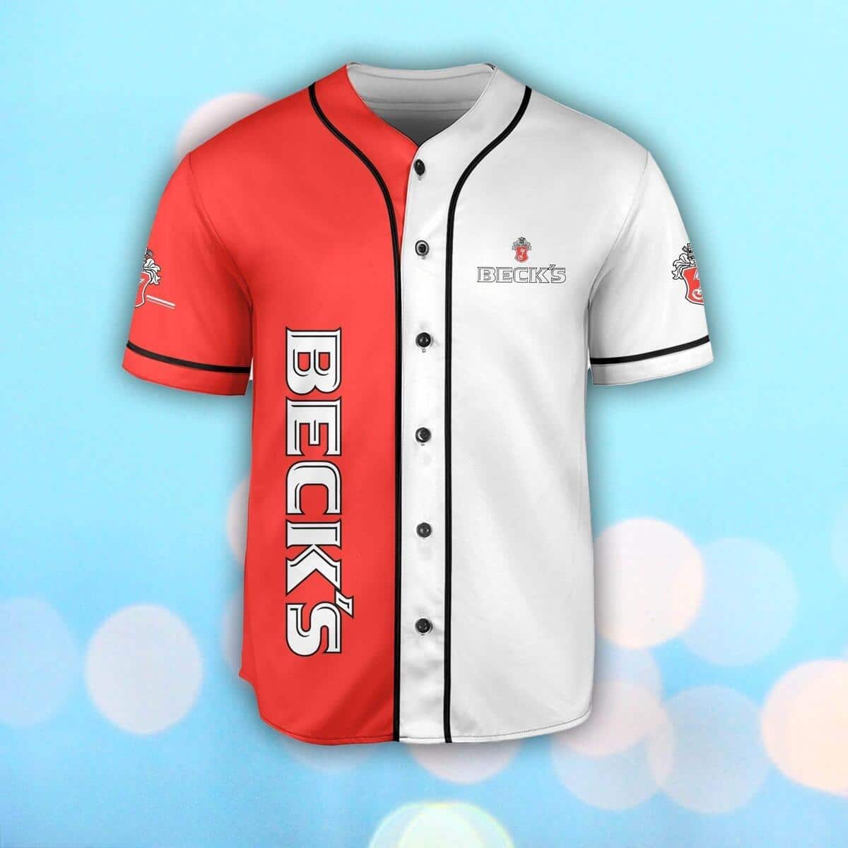 Red And White Split Beck’s Beer Baseball Jersey Red And White Split Beck’s Beer Baseball Jersey