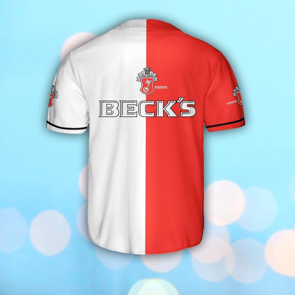 Red And White Split Beck’s Beer Baseball Jersey Red And White Split Beck’s Beer Baseball Jersey