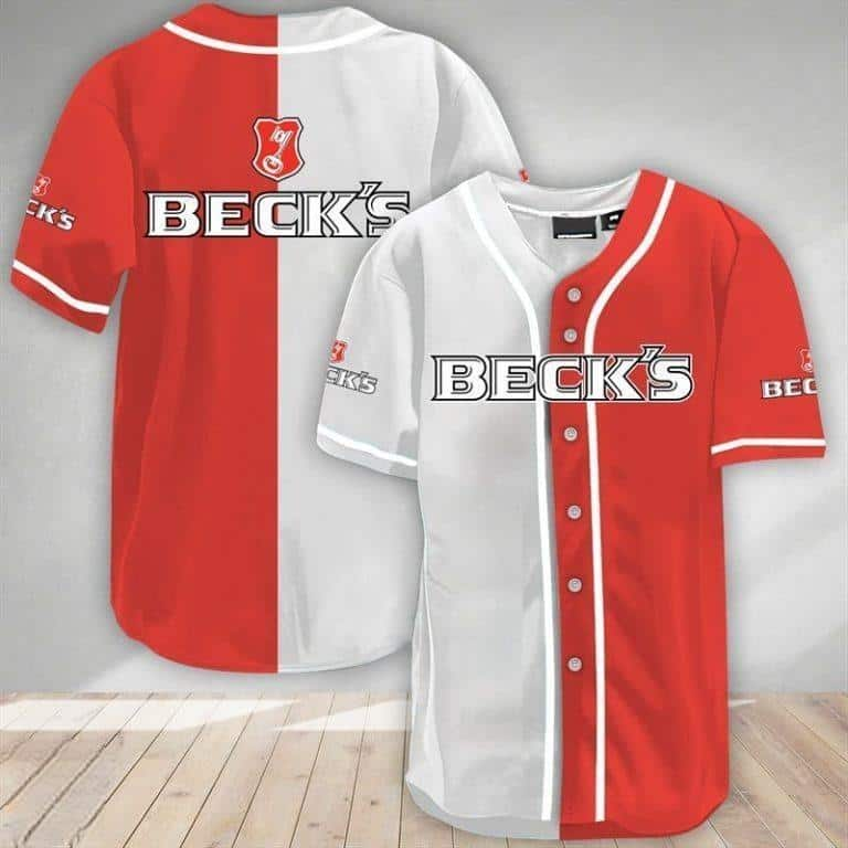 White And Red Split Beck’s Beer Baseball Jersey Gift For Sporty Boyfriend