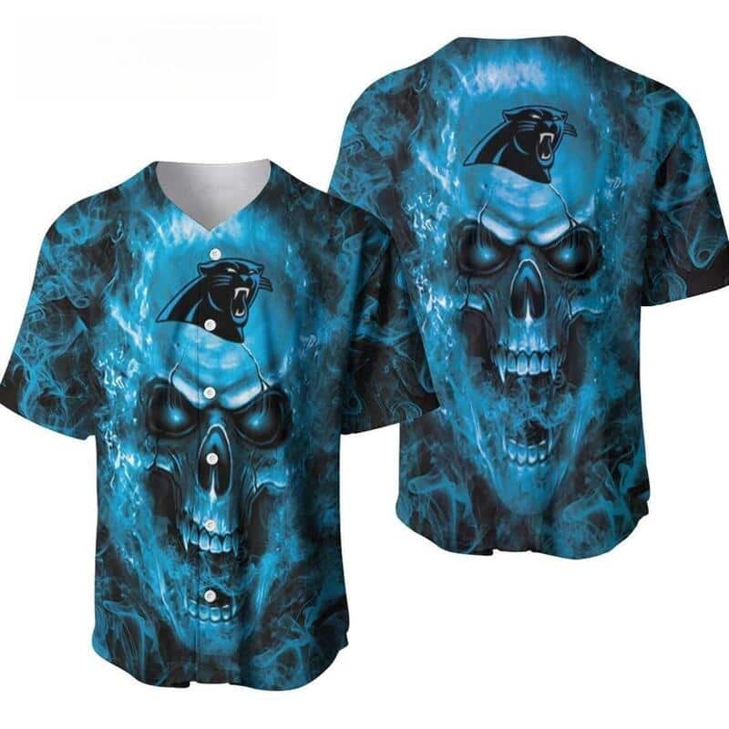 NFL Carolina Panthers Baseball Jersey Blue Skull In Flame NFL Carolina Panthers Baseball Jersey Blue Skull In Flame