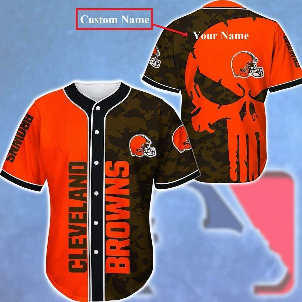 Personalized NFL Cleveland Browns Baseball Jersey Skull And Camouflage Pattern Custom Name Personalized NFL Cleveland Browns Baseball Jersey Skull And Camouflage Pattern Custom Name