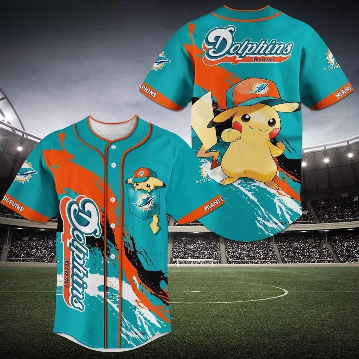 Pikachu Wearing Miami Dolphins Hat Baseball Jersey