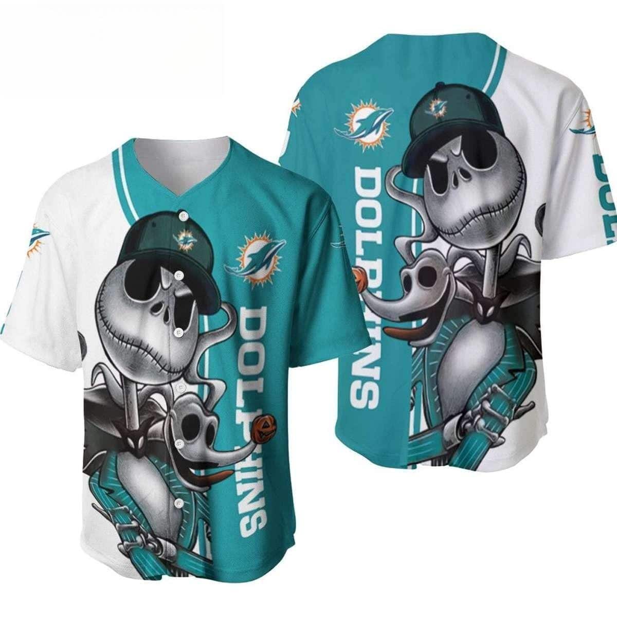 NFL Miami Dolphins Baseball Jersey Jack Skellington And Zero NFL Miami Dolphins Baseball Jersey Jack Skellington And Zero