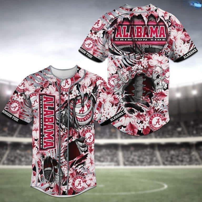 NCAA Alabama Crimson Tide Baseball Jersey Skeleton Tropical Flower Pattern NCAA Alabama Crimson Tide Baseball Jersey Skeleton Tropical Flower Pattern