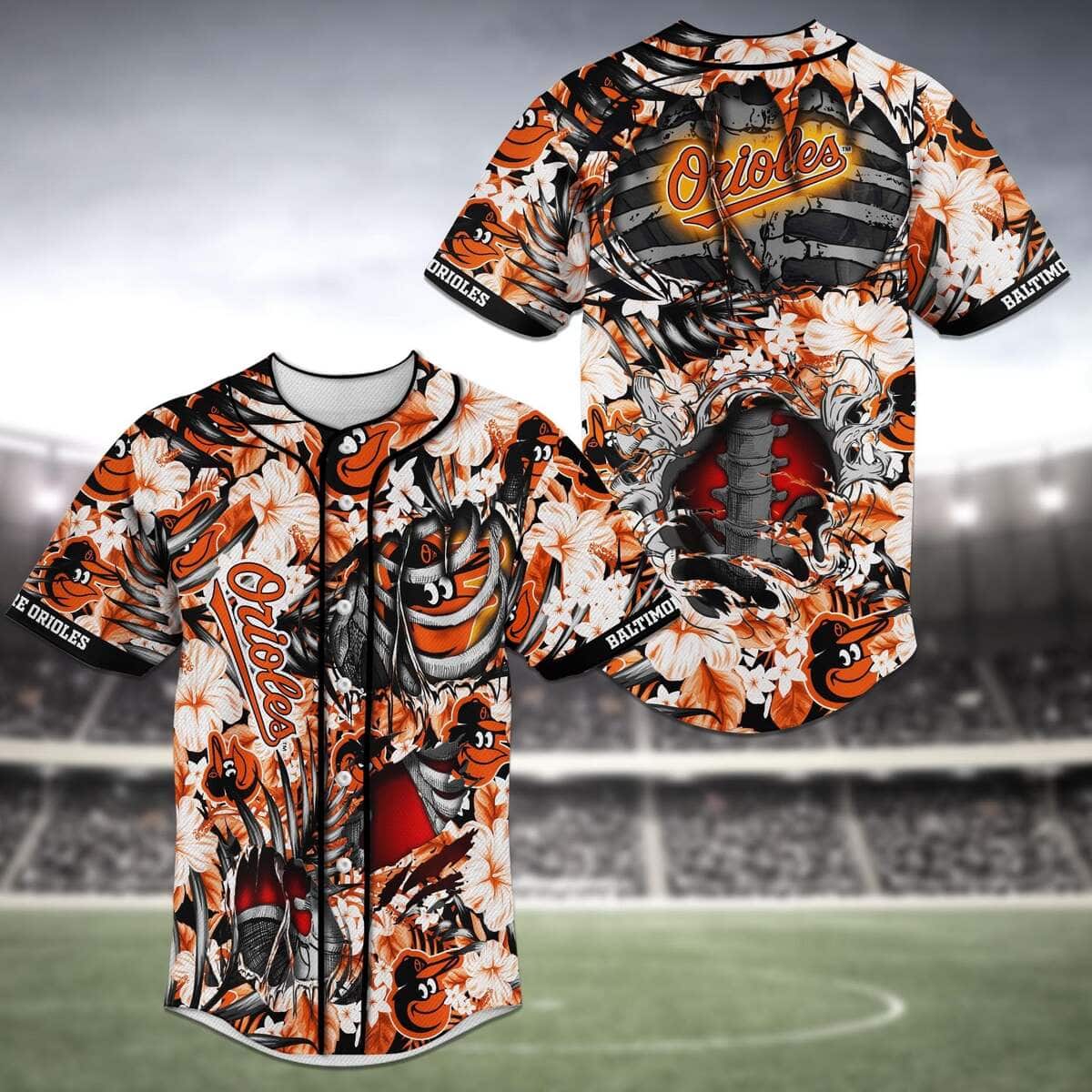 MLB Baltimore Orioles Baseball Jersey Skeleton Tropical Flower Pattern MLB Baltimore Orioles Baseball Jersey Skeleton Tropical Flower Pattern