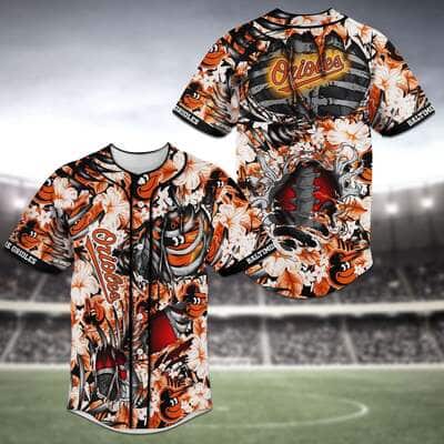MLB Baltimore Orioles Baseball Jersey Skeleton Tropical Flower Pattern