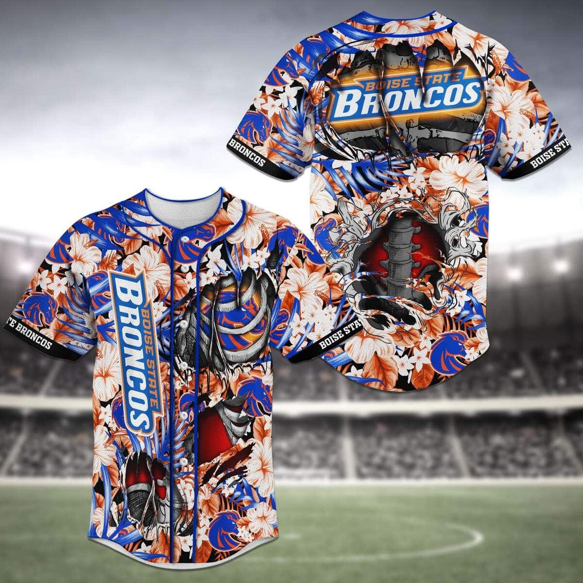 NCAA Boise State Broncos Baseball Jersey Skeleton Tropical Flower Pattern