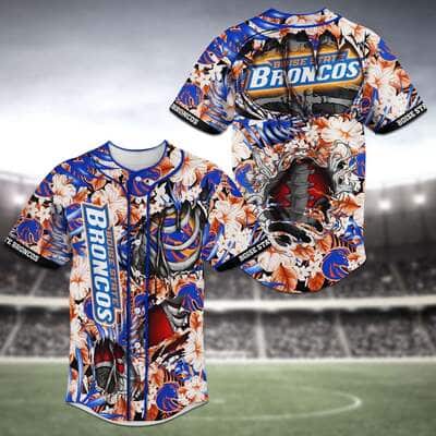 NCAA Boise State Broncos Baseball Jersey Skeleton Tropical Flower Pattern NCAA Boise State Broncos Baseball Jersey Skeleton Tropical Flower Pattern