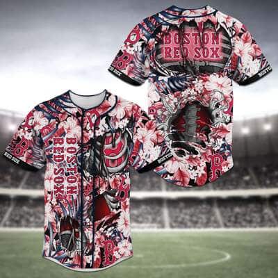 MLB Boston Red Sox Baseball Jersey Skeleton Tropical Flower Pattern