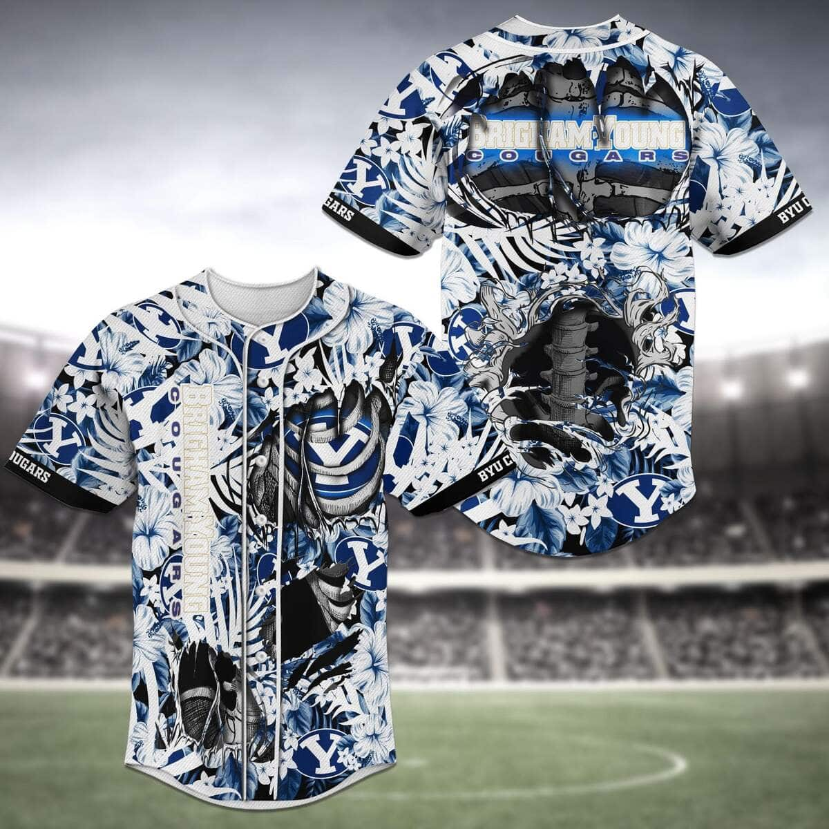 NFL BYU Cougars Baseball Jersey Skeleton Tropical Flower Pattern