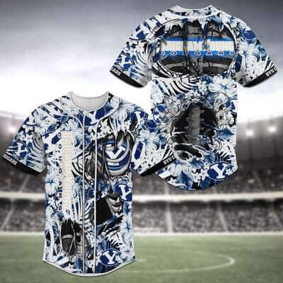 NFL BYU Cougars Baseball Jersey Skeleton Tropical Flower Pattern NFL BYU Cougars Baseball Jersey Skeleton Tropical Flower Pattern