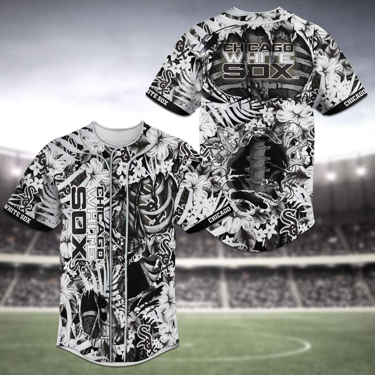 MLB Chicago White Sox Baseball Jersey Skeleton Tropical Flower Pattern MLB Chicago White Sox Baseball Jersey Skeleton Tropical Flower Pattern