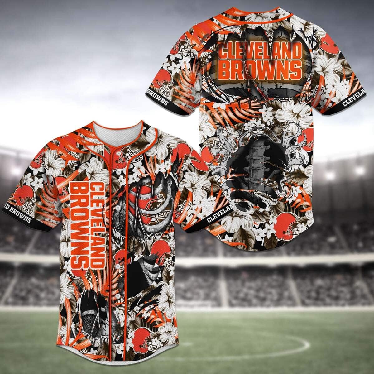 Cleveland Browns Baseball Jersey Skeleton And Flowers Gift For NFL Fans Cleveland Browns Baseball Jersey Skeleton And Flowers Gift For NFL Fans