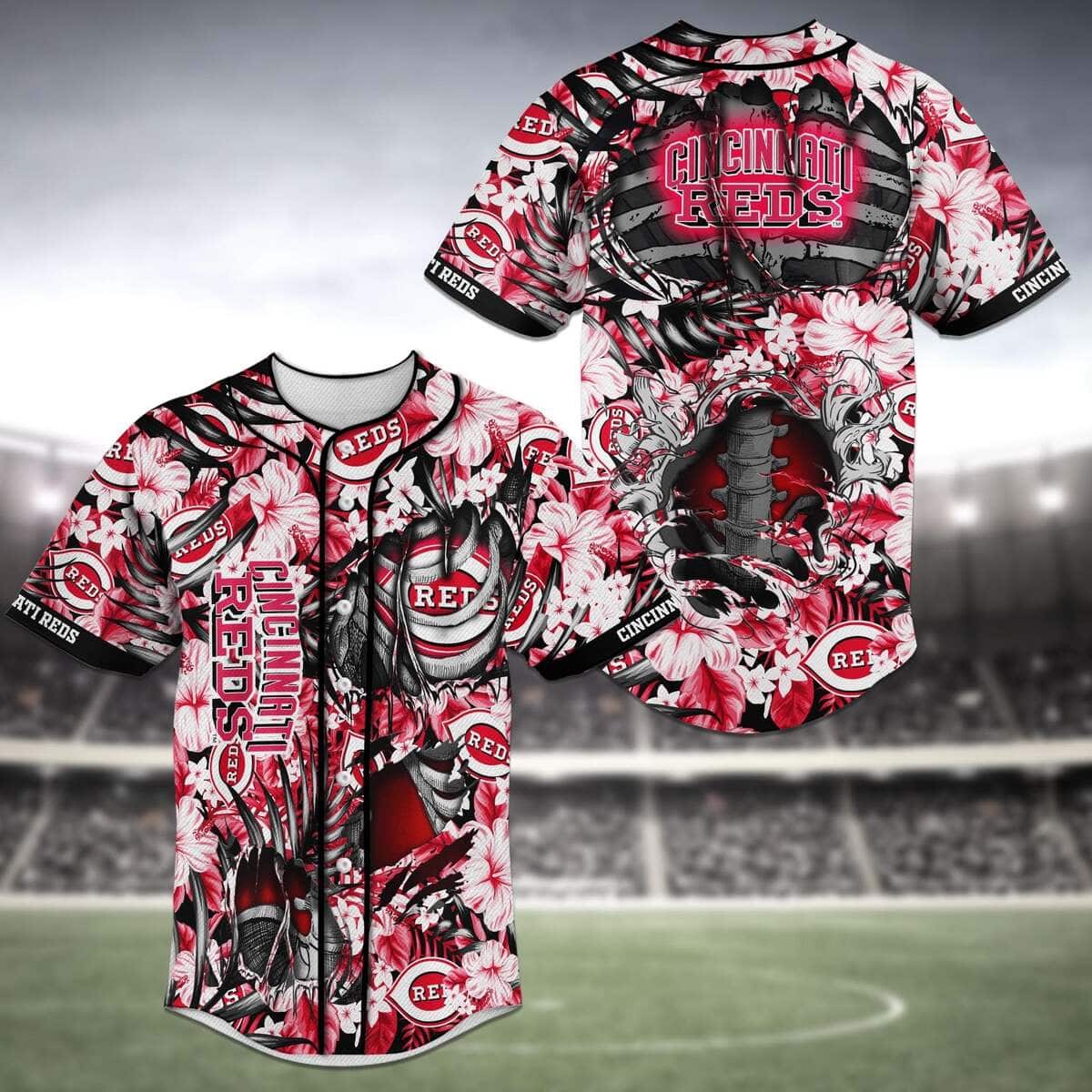 MLB Cincinnati Reds Baseball Jersey Skeleton Tropical Flower Pattern MLB Cincinnati Reds Baseball Jersey Skeleton Tropical Flower Pattern