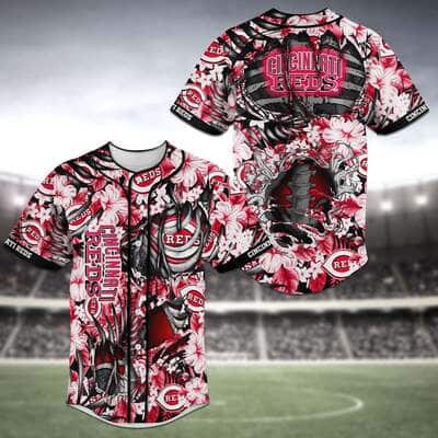 MLB Cincinnati Reds Baseball Jersey Skeleton Tropical Flower Pattern MLB Cincinnati Reds Baseball Jersey Skeleton Tropical Flower Pattern