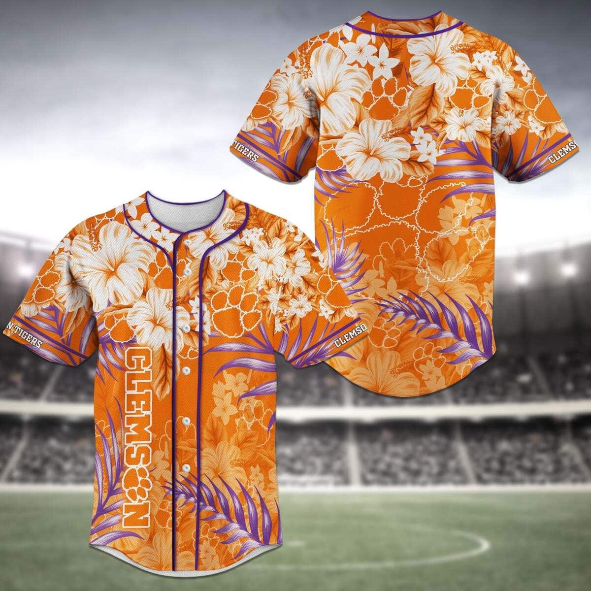 NCAA Clemson Tigers Baseball Jersey Tropical Flower Pattern NCAA Clemson Tigers Baseball Jersey Tropical Flower Pattern