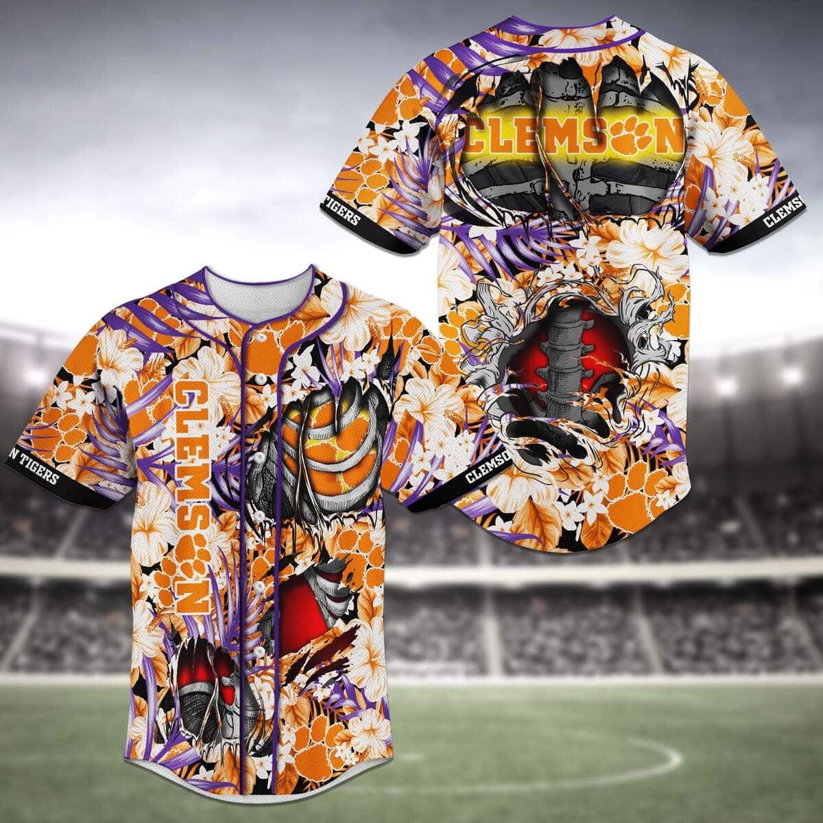NCAA Clemson Tigers Baseball Jersey Skeleton Tropical Flower Pattern NCAA Clemson Tigers Baseball Jersey Skeleton Tropical Flower Pattern
