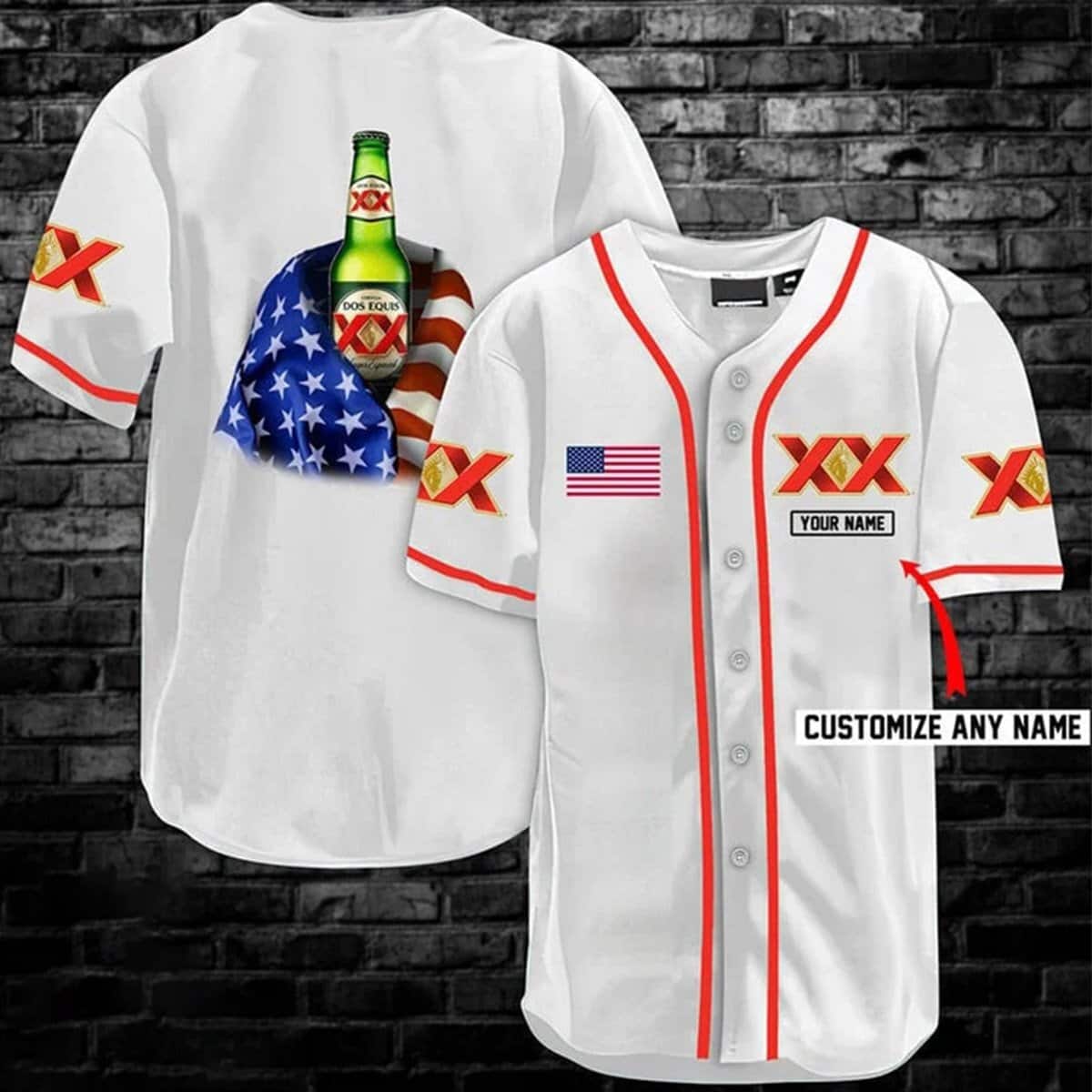 Vintage Dos Equis Beer Baseball Jersey US Flag Custom Name Vintage Dos Equis Beer Baseball Jersey US Flag Custom Name