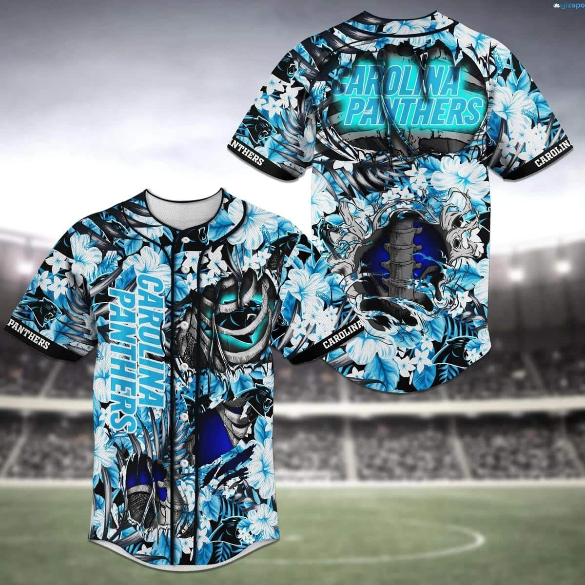 Carolina Panthers Baseball Jersey Skeleton And Flowers Gift For NFL Fans