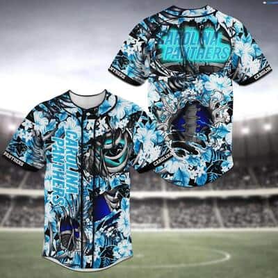 Carolina Panthers Baseball Jersey Skeleton And Flowers Gift For NFL Fans