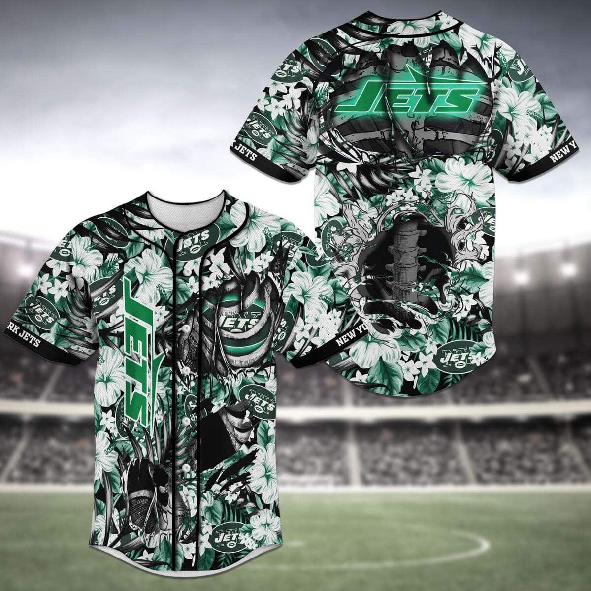 NFL New York Jets Baseball Jersey Skeleton And Flowers Gift For Football Fans NFL New York Jets Baseball Jersey Skeleton And Flowers Gift For Football Fans