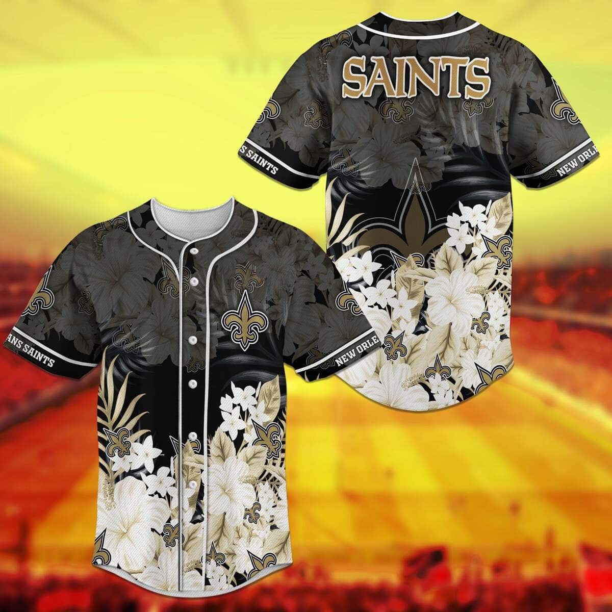 New Orleans Saints Baseball Jersey Tropical Flower Pattern Gift For NFL Fans New Orleans Saints Baseball Jersey Tropical Flower Pattern Gift For NFL Fans