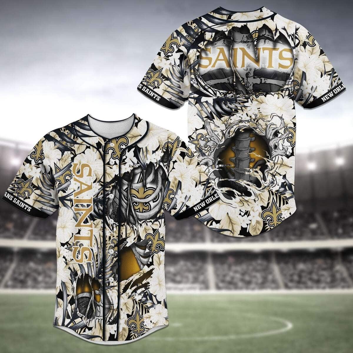NFL New Orleans Saints Baseball Jersey Skeleton And Flowers