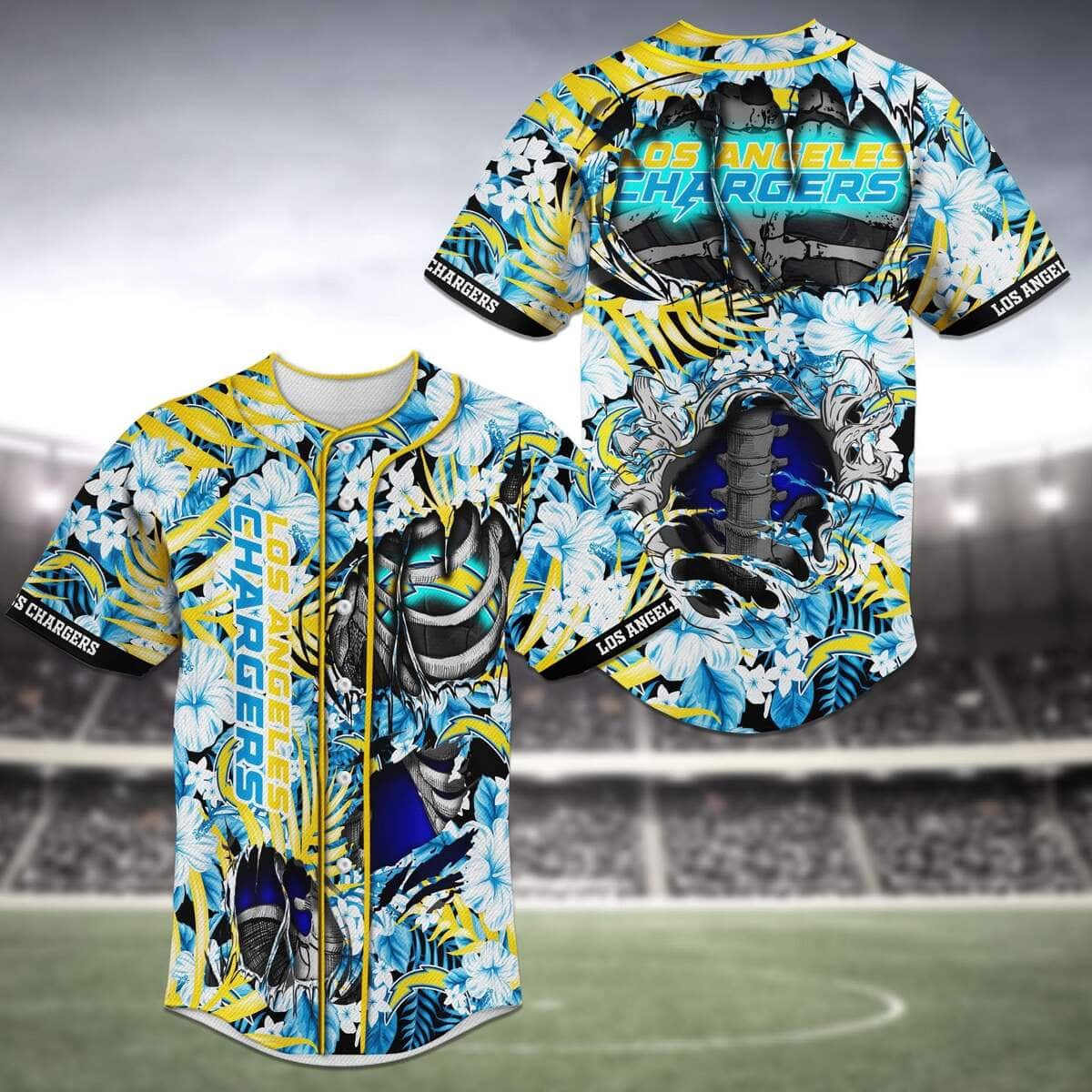 NFL Los Angeles Chargers Baseball Jersey Skeleton And Flowers NFL Los Angeles Chargers Baseball Jersey Skeleton And Flowers
