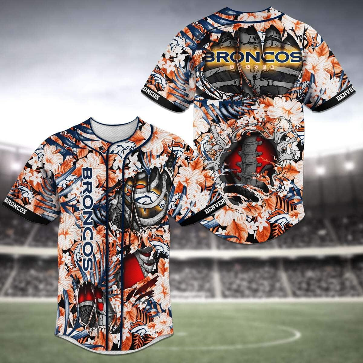 NFL Denver Broncos Baseball Jersey Skeleton And Flowers Gift For Sporty Friend