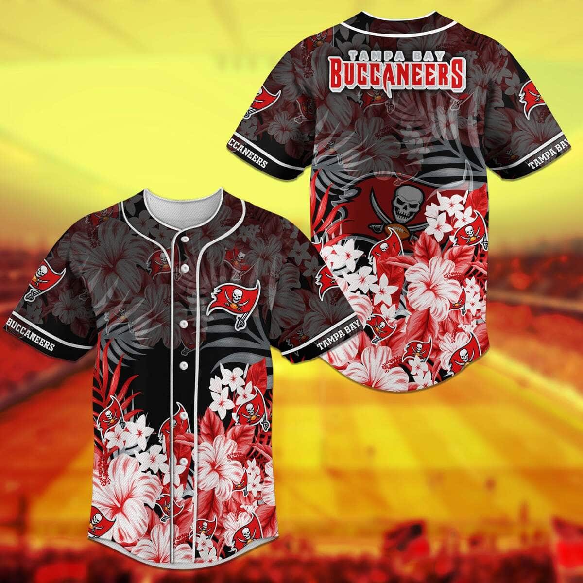 NFL Tampa Bay Buccaneers Baseball Jersey Skeleton Tropical Flower Pattern NFL Tampa Bay Buccaneers Baseball Jersey Skeleton Tropical Flower Pattern