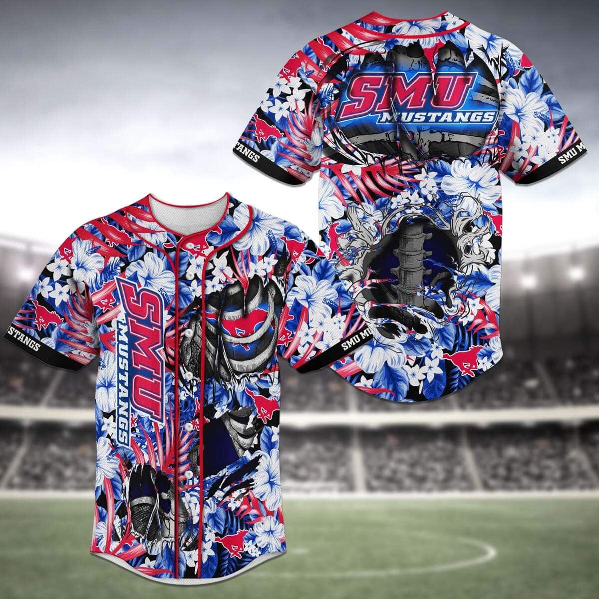 NFL SMU Mustangs Baseball Jersey Skeleton And Tropical Flower Pattern NFL SMU Mustangs Baseball Jersey Skeleton And Tropical Flower Pattern