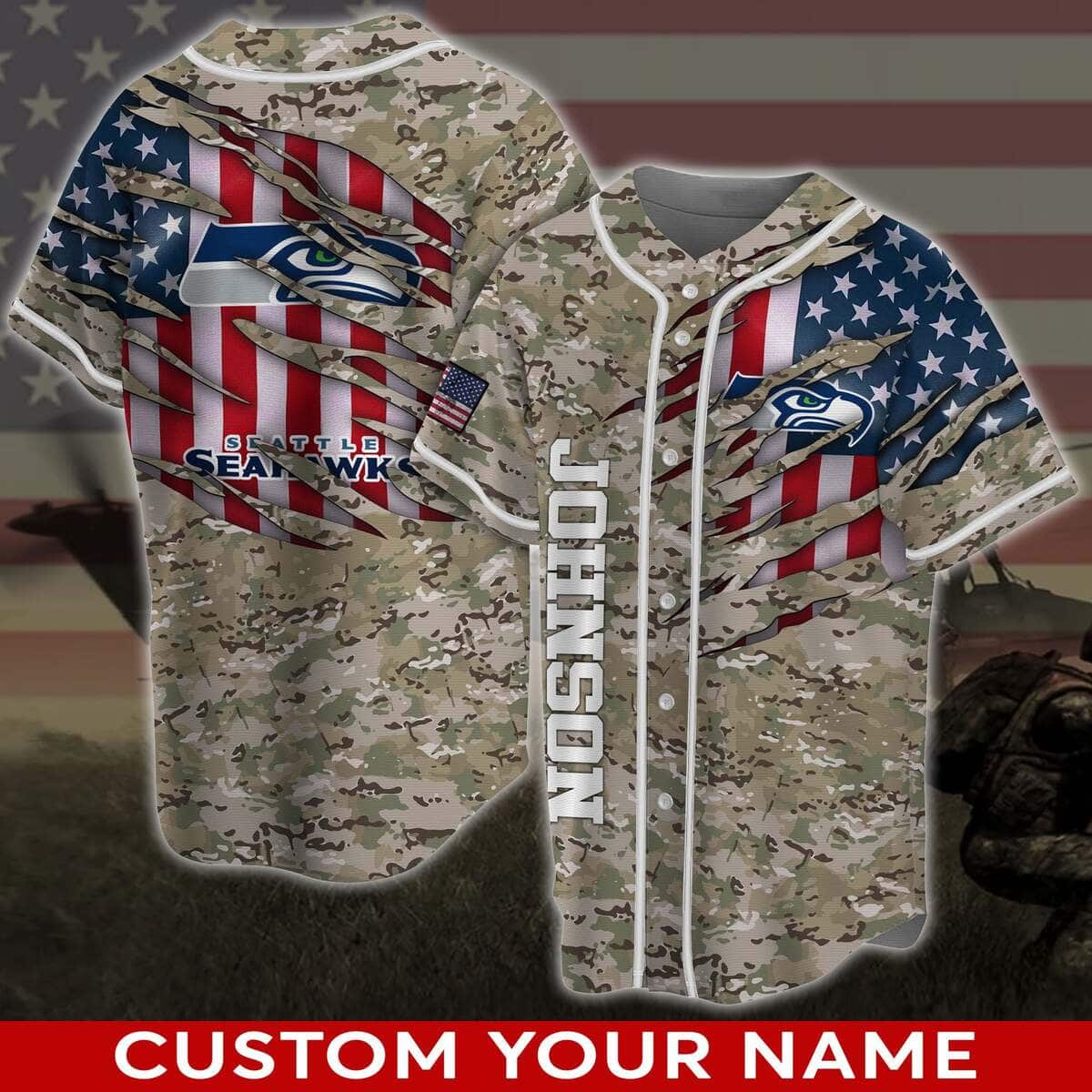 NFL Seattle Seahawks Baseball Jersey Custom Name Camo Pattern NFL Seattle Seahawks Baseball Jersey Custom Name Camo Pattern
