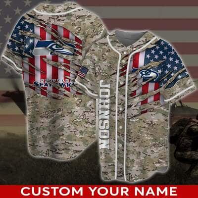 NFL Seattle Seahawks Baseball Jersey Custom Name Camo Pattern NFL Seattle Seahawks Baseball Jersey Custom Name Camo Pattern