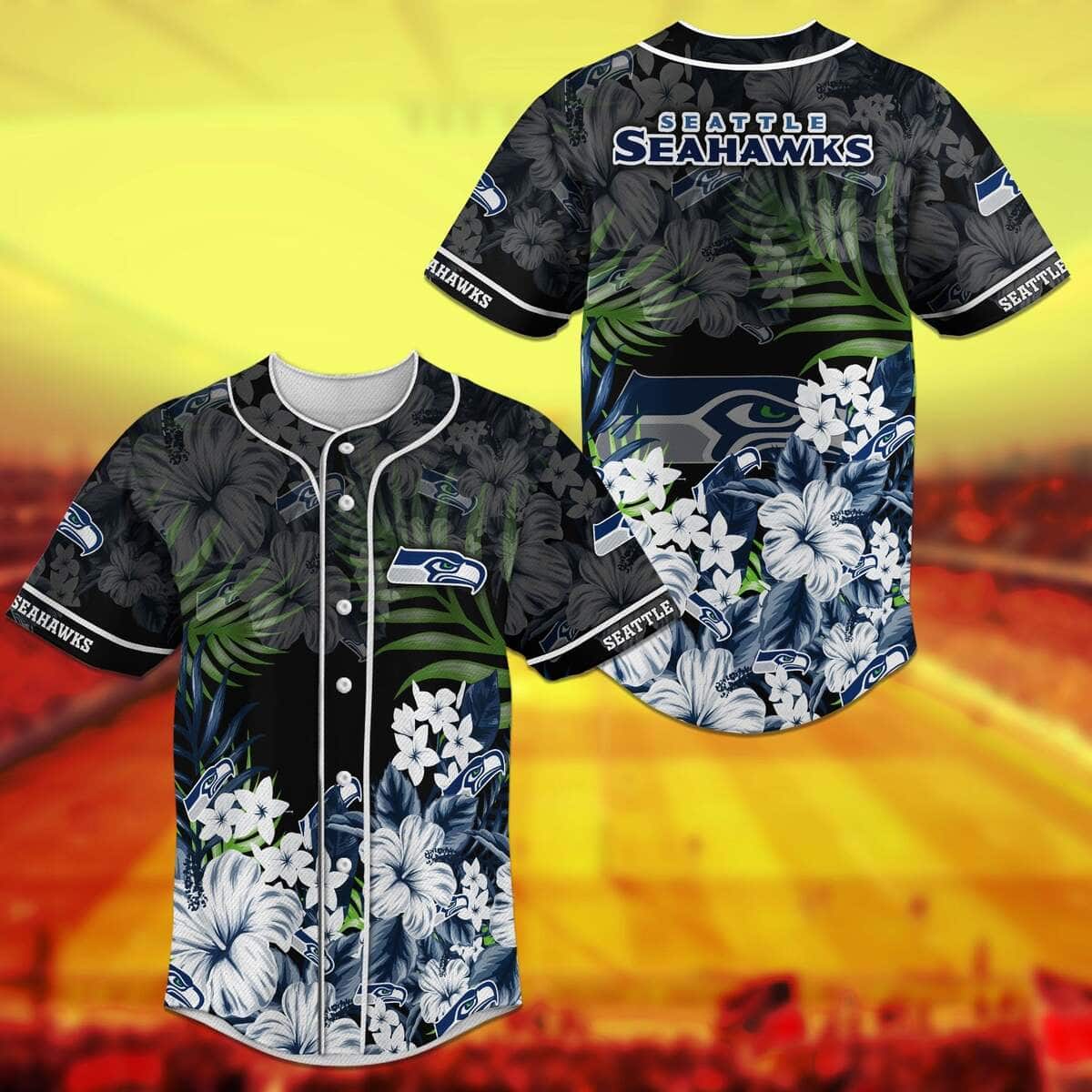 NFL Seattle Seahawks Baseball Jersey Hibiscus Flowers Pattern NFL Seattle Seahawks Baseball Jersey Hibiscus Flowers Pattern