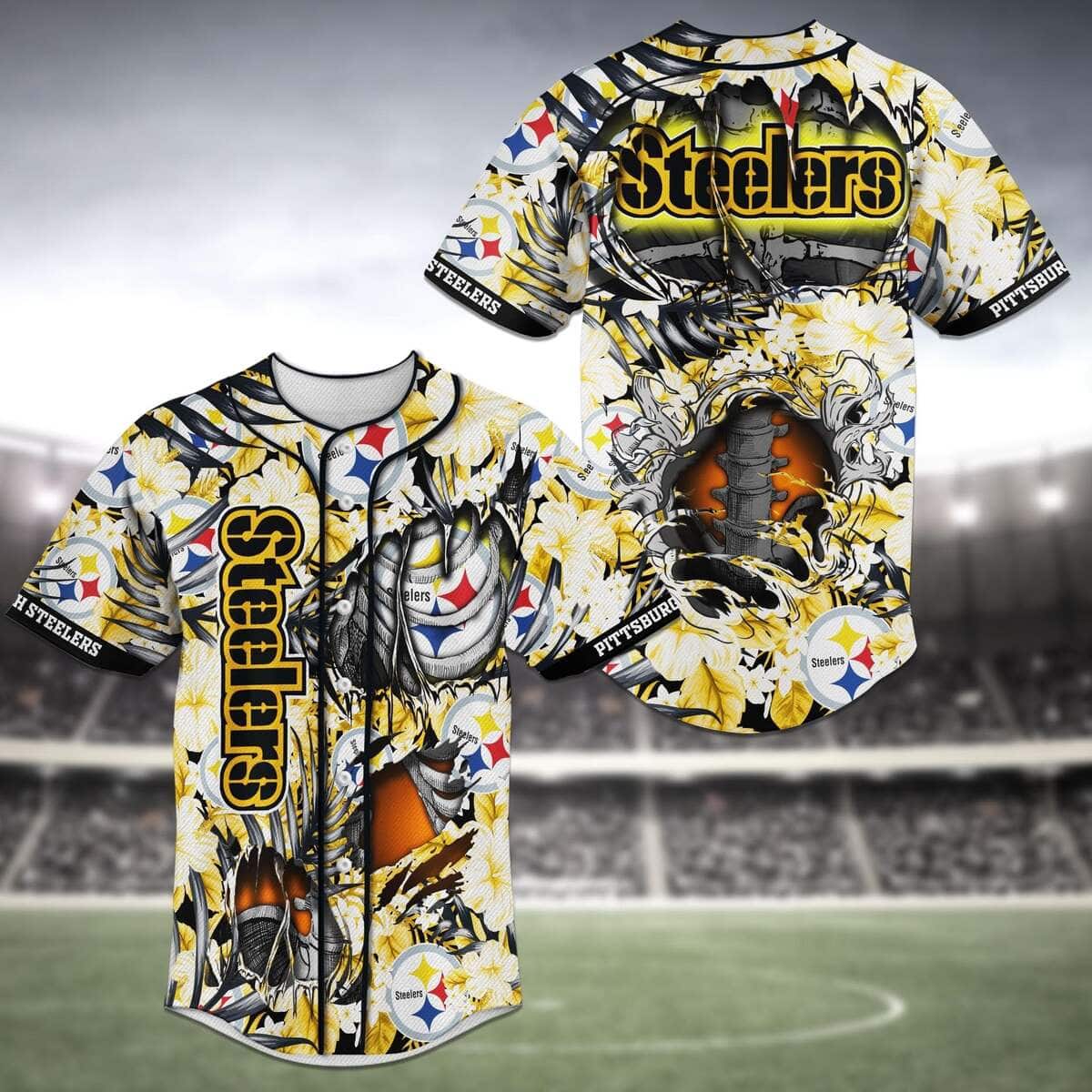 NFL Pittsburgh Steelers Baseball Jersey Skeleton And Flowers NFL Pittsburgh Steelers Baseball Jersey Skeleton And Flowers