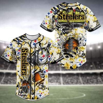 NFL Pittsburgh Steelers Baseball Jersey Skeleton And Flowers NFL Pittsburgh Steelers Baseball Jersey Skeleton And Flowers