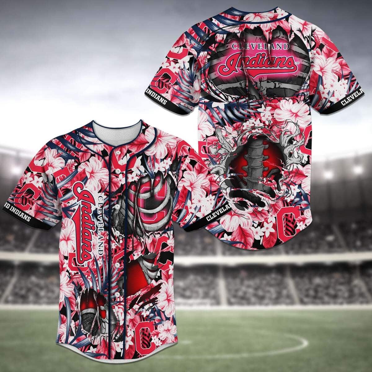 MLB Cleveland Indians Baseball Jersey Skeleton And Flowers MLB Cleveland Indians Baseball Jersey Skeleton And Flowers