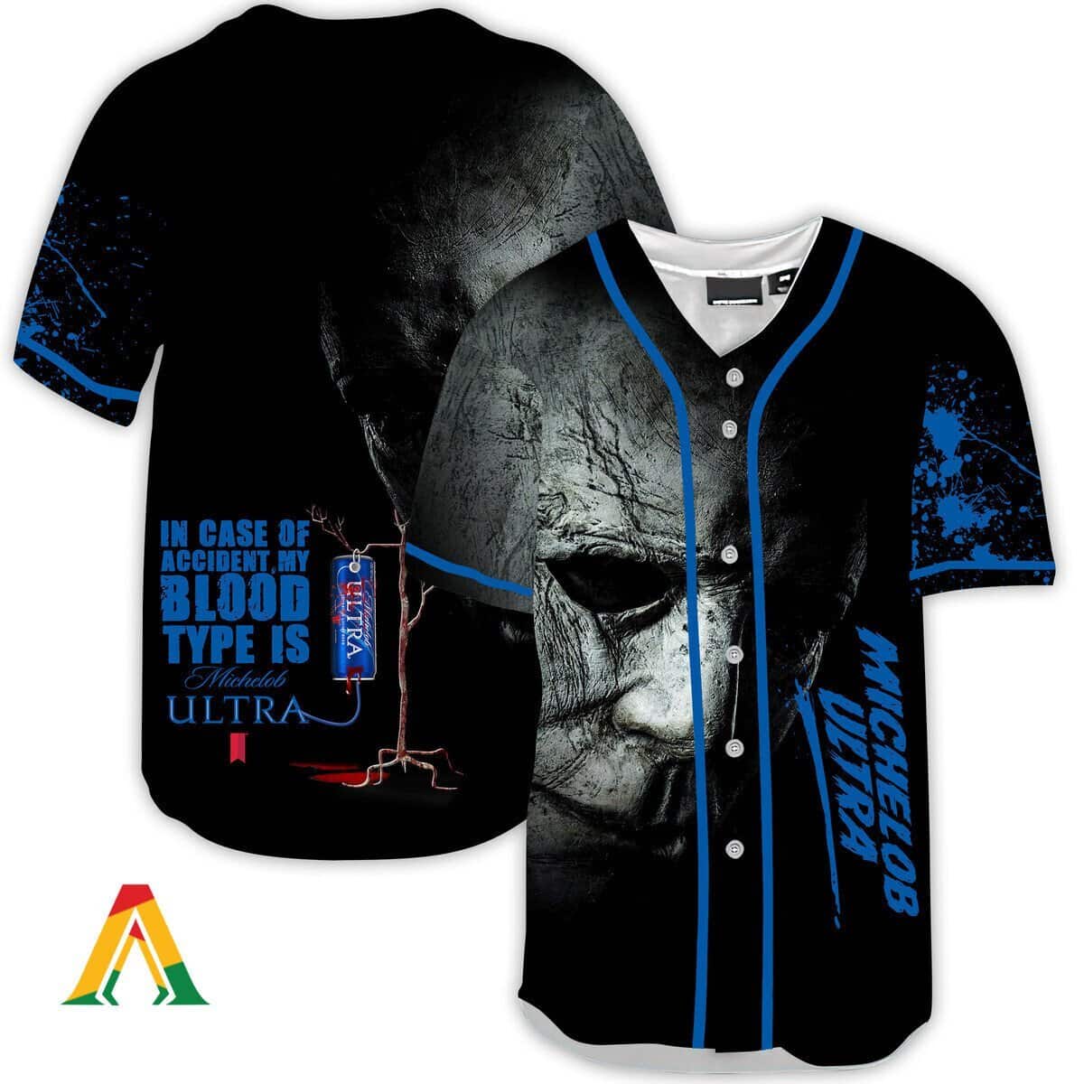 Halloween Michael Myers In Case Of Accident My Blood Type Is Michelob ULTRA Beer Baseball Jersey Halloween Michael Myers In Case Of Accident My Blood Type Is Michelob ULTRA Beer Baseball Jersey