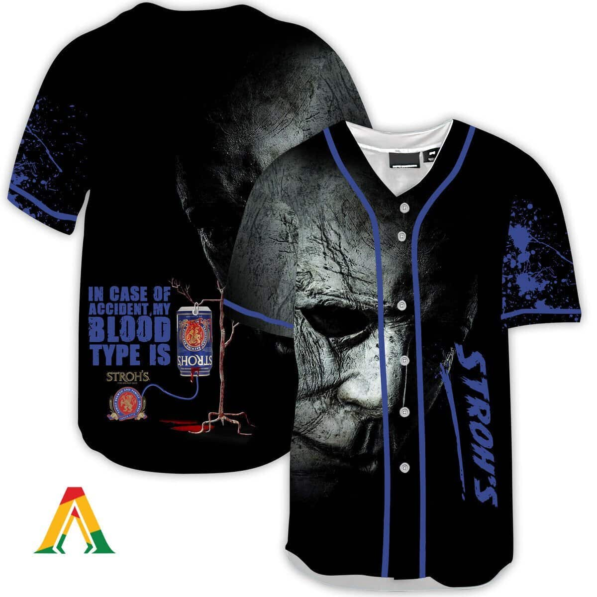 Halloween Horror Michael Myers In Case Of Accident My Blood Type Is Stroh’s Beer Baseball Jersey