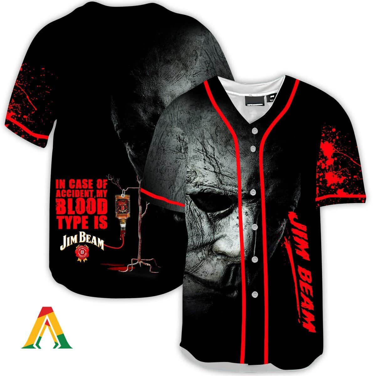 Halloween Horror Michael Myers In Case Of Accident My Blood Type Is Jim Beam Baseball Jersey