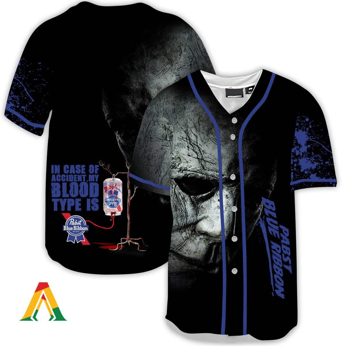 Halloween Horror Michael Myers In Case Of Accident My Blood Type Is Pabst Blue Ribbon Baseball Jersey