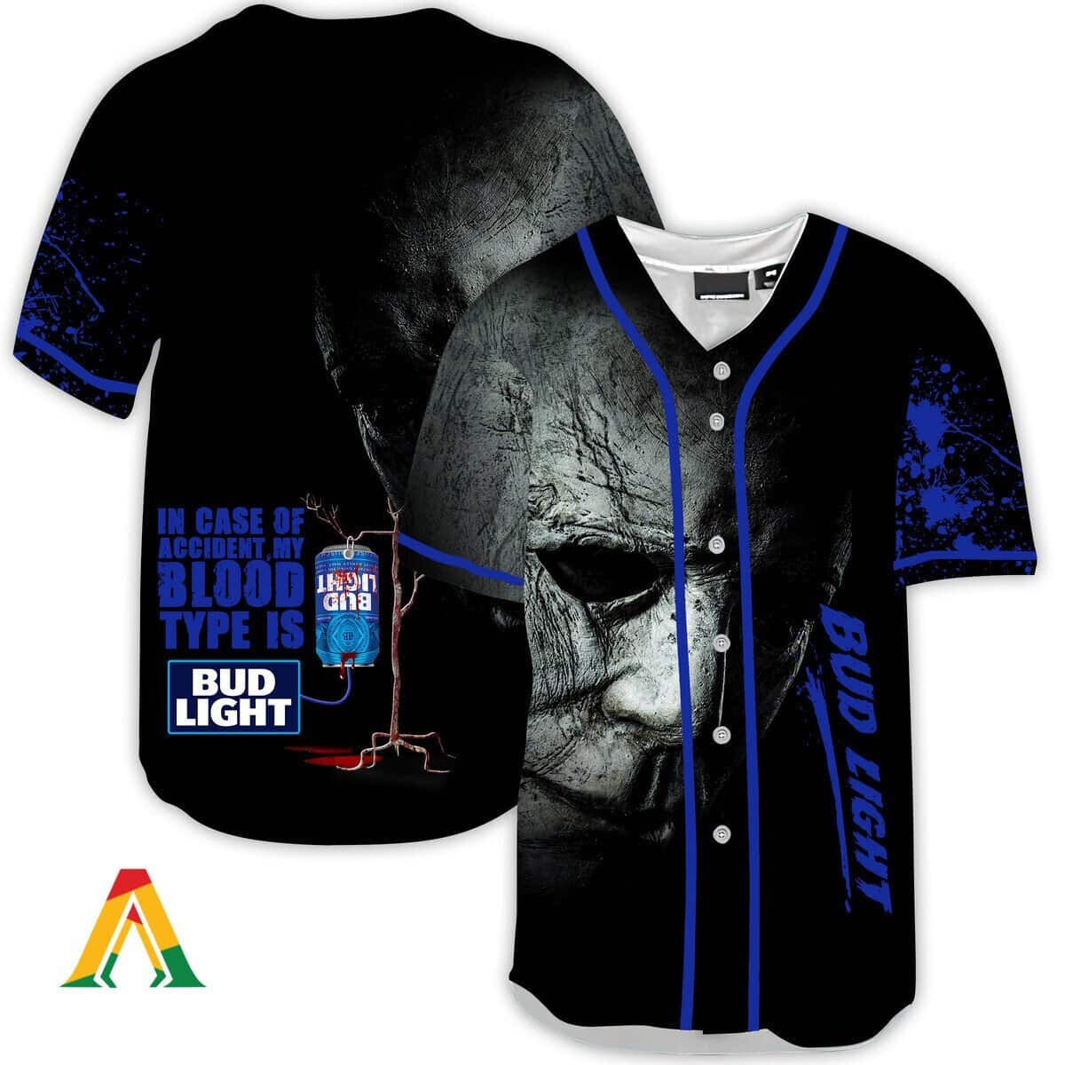 Halloween Horror Michael Myers In Case Of Accident My Blood Type Is Bud Light Baseball Jersey