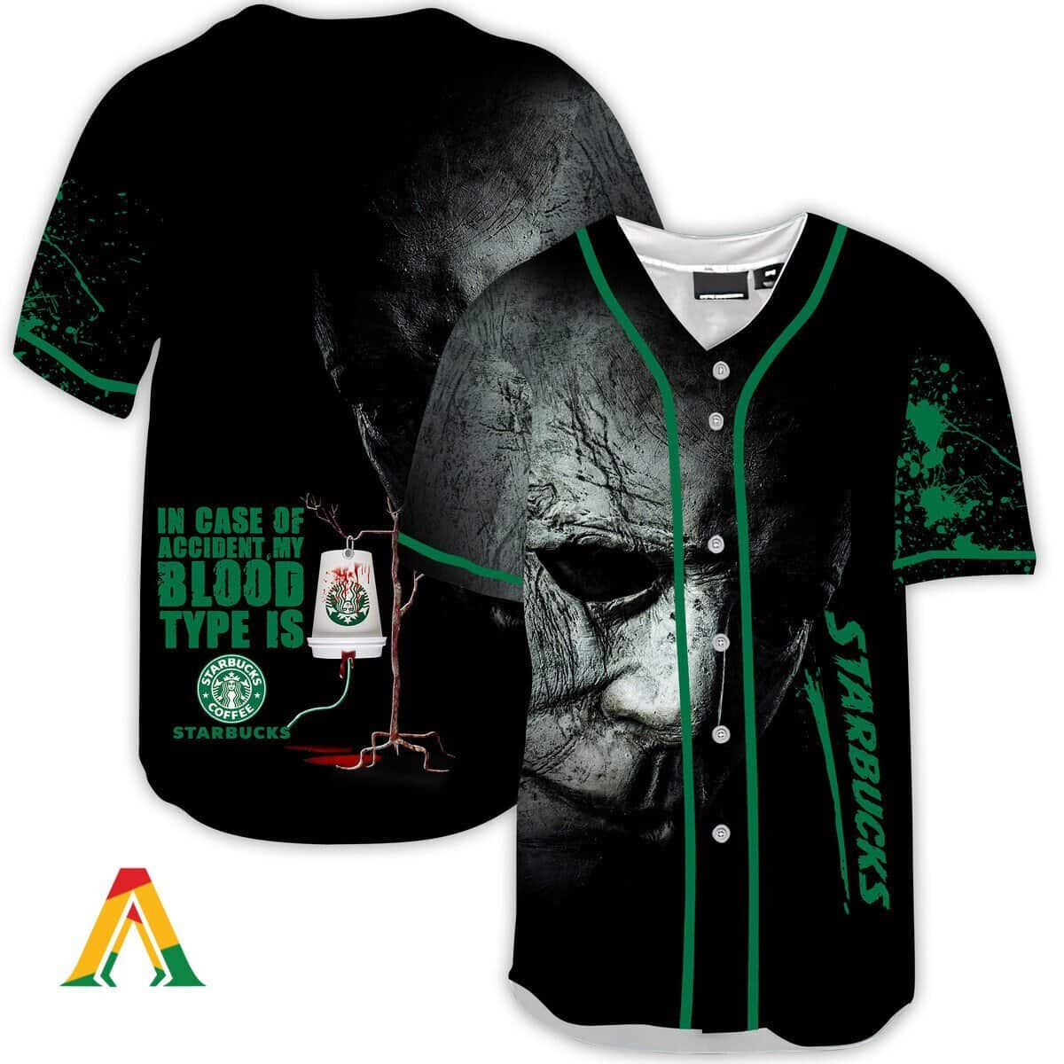 Halloween Horror Michael Myers In Case Of Accident My Blood Type Is Starbucks Baseball Jersey