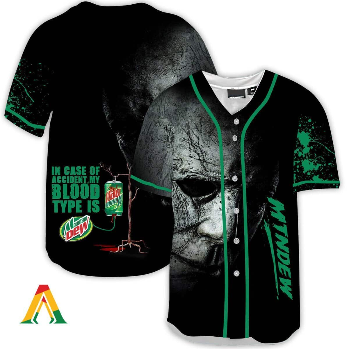 Halloween Horror Michael Myers In Case Of Accident My Blood Type Is Mountain Dew Baseball Jersey